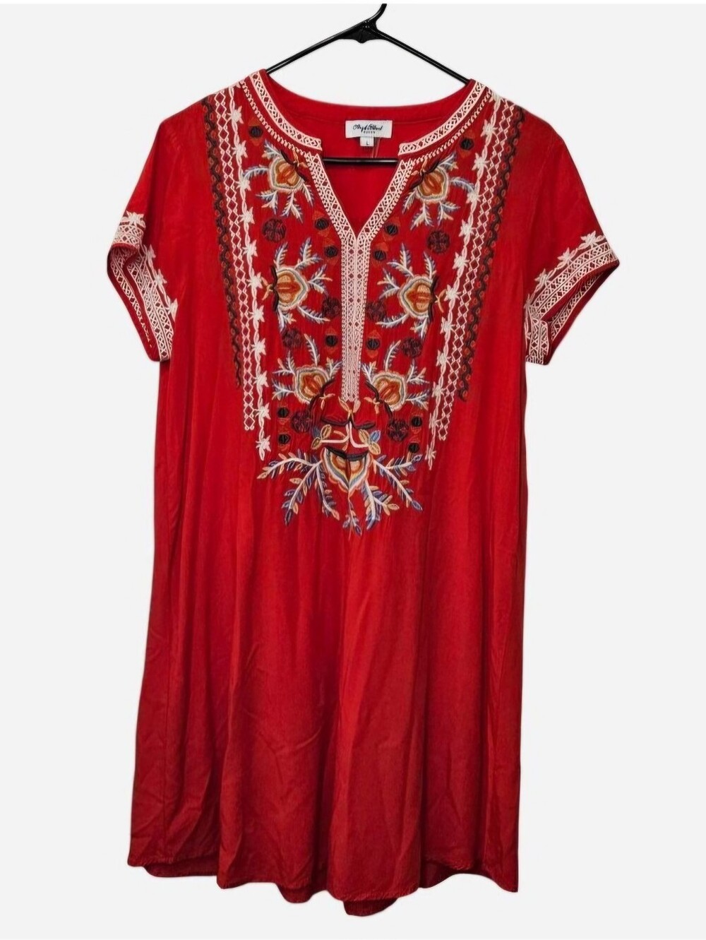 Red embroidered boho dress with floral & geometric designs in Multi-color Size L